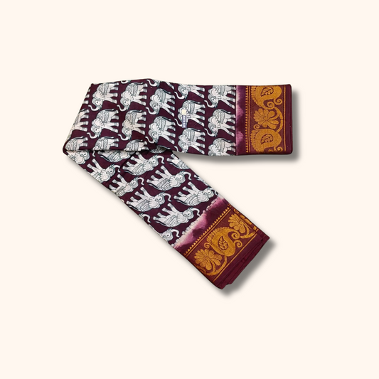 Wine Maroon Elephant Print Sungudi Cotton Saree with Traditional Border