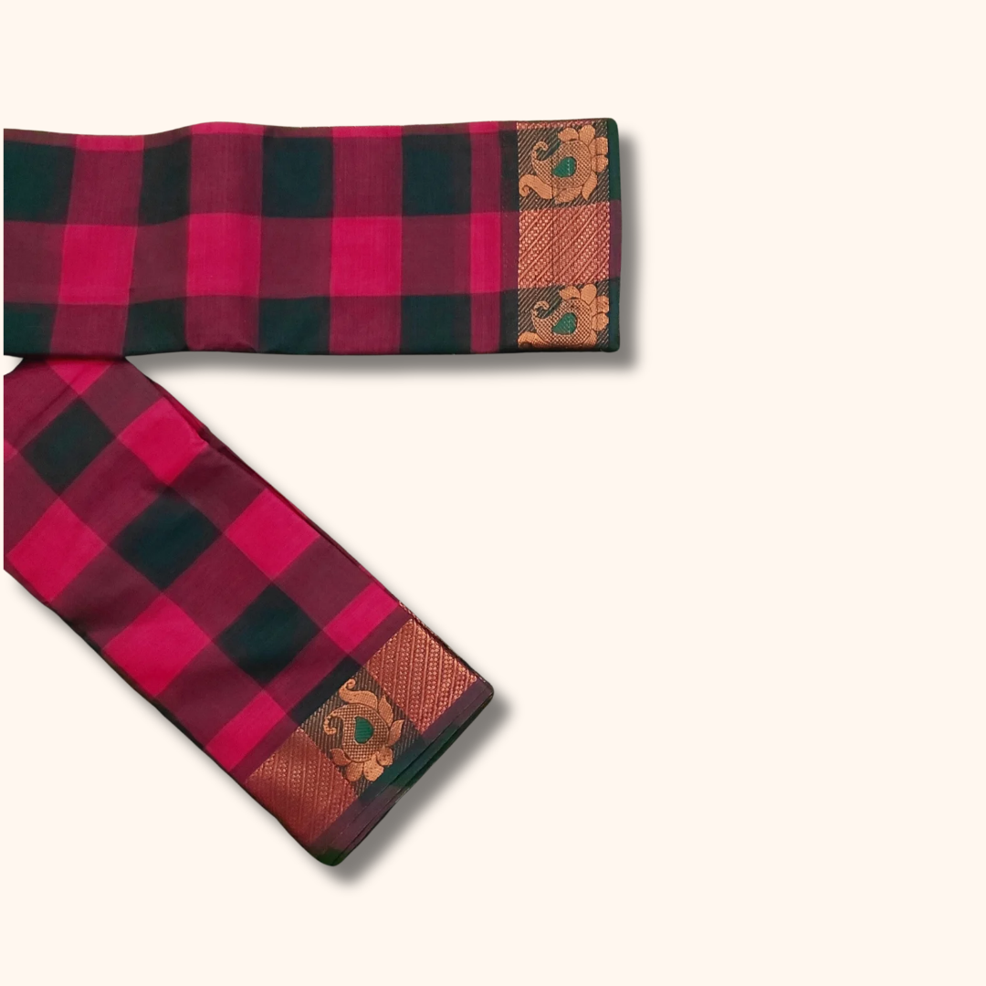 Pink & Dark Green Checked Chettinad Cotton Saree