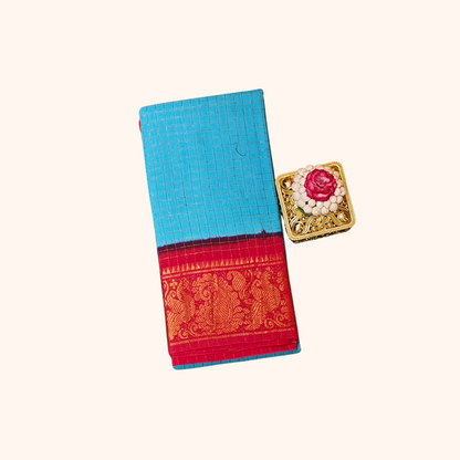 Sky Blue Checked Sungudi Cotton Saree with Peacock Zari Border
