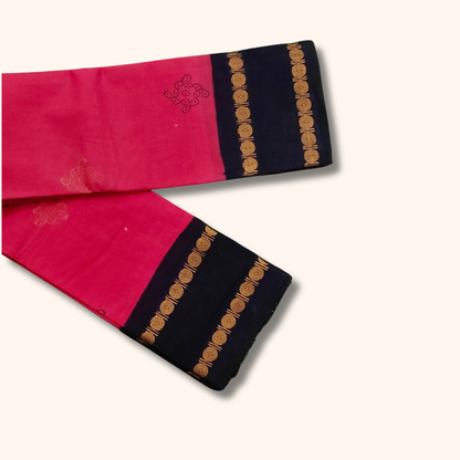 Pink Cotton Saree with Navy Blue Border – Running Blouse
