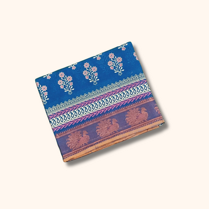Indigo Blue Floral Cotton Saree with Traditional Border