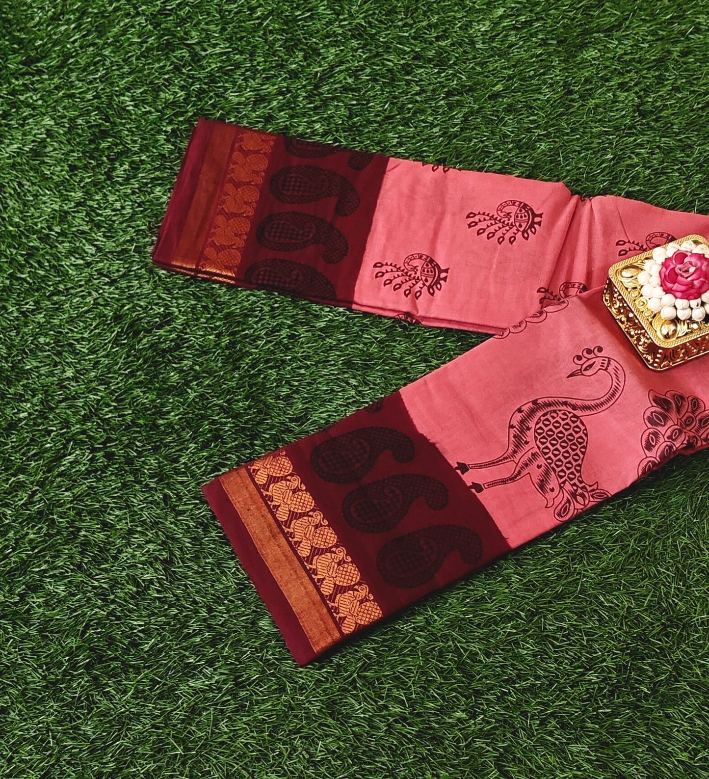 Coral Pink Sungudi Cotton Saree with Maroon Border & Traditional Peacock Prints