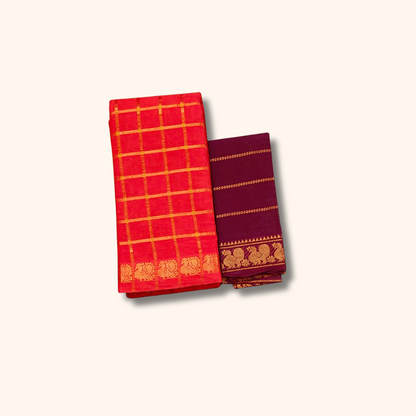 Tomato Red Checked Saree with Golden Zari Checks & Traditional Motif Border – Separate Blouse Piece