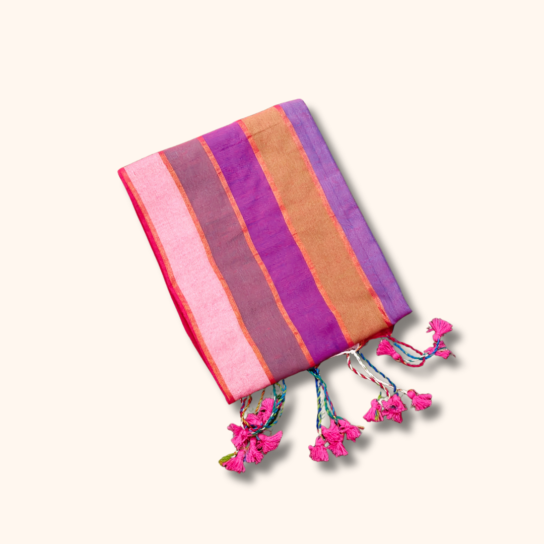 Mulmul Cotton Saree in Pink, Lavender & Gold Stripes with Running Blouse