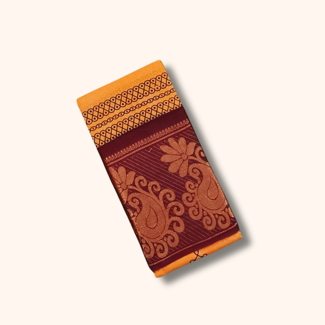 Mustard Yellow Kolam Cotton Saree with Maroon Border