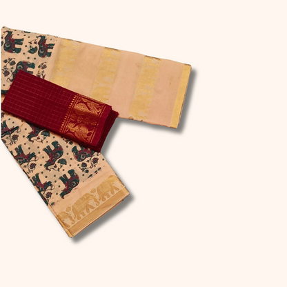 Peach Pure Cotton Printed Saree with Maroon Contrast Blouse