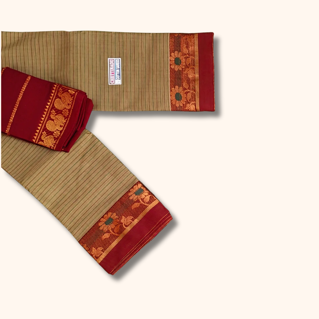 Beige Striped Chettinad Cotton Saree with Maroon Floral Border