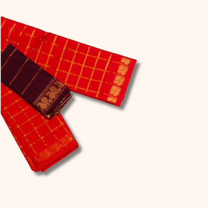 Tomato Red Checked Saree with Golden Zari Checks & Traditional Motif Border – Separate Blouse Piece
