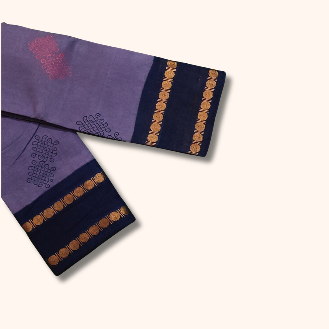 Lavender Purple Kolam Design Cotton Saree with Navy Blue Running Blouse