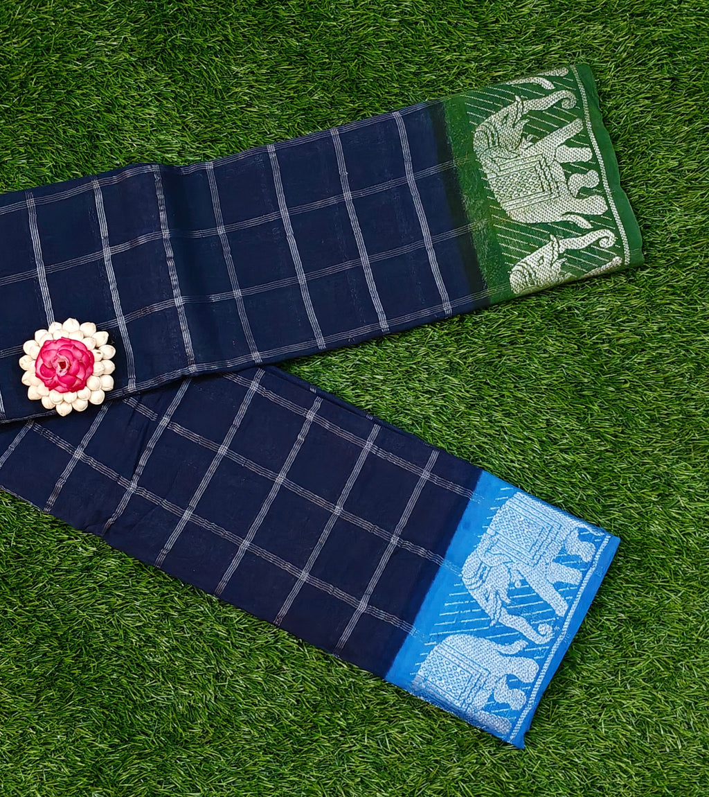 Beautiful Navy Blue Sungudi Cotton Saree with Checked Pattern & Elephant Border