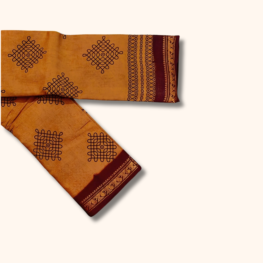 Brown Kolam Design Running Blouse Saree with Maroon Border