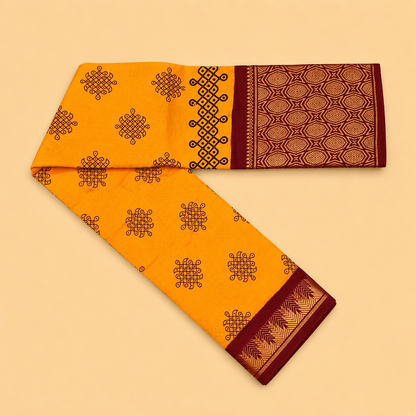 Mustard Yellow Printed Cotton Saree with Maroon Designer Border
