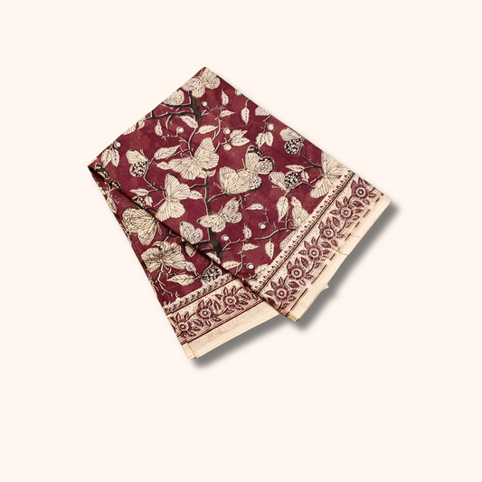 Maroon Kalamkari Cotton Saree with Butterfly & Floral Print