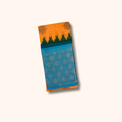 Orange Kolam Print Cotton Saree with Sky Blue Zari Border