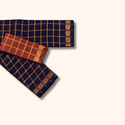 Navy Blue with Gold Checks & Peacock Border Pavithra Kattam Sungudi Cotton Saree