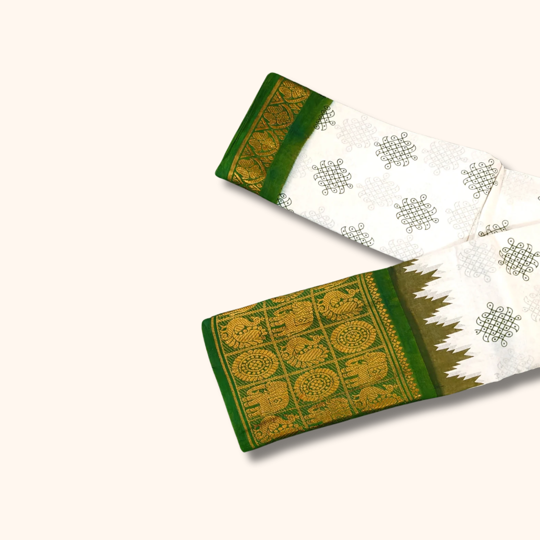 Cream Sungudi Cotton Saree with Bottle Green Elephant Zari Border