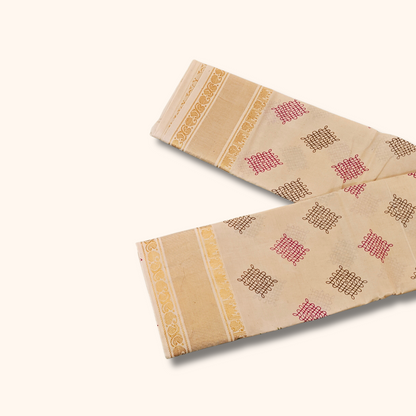 Cream Sungudi Cotton Saree with Kolam Print & Gold Zari Border