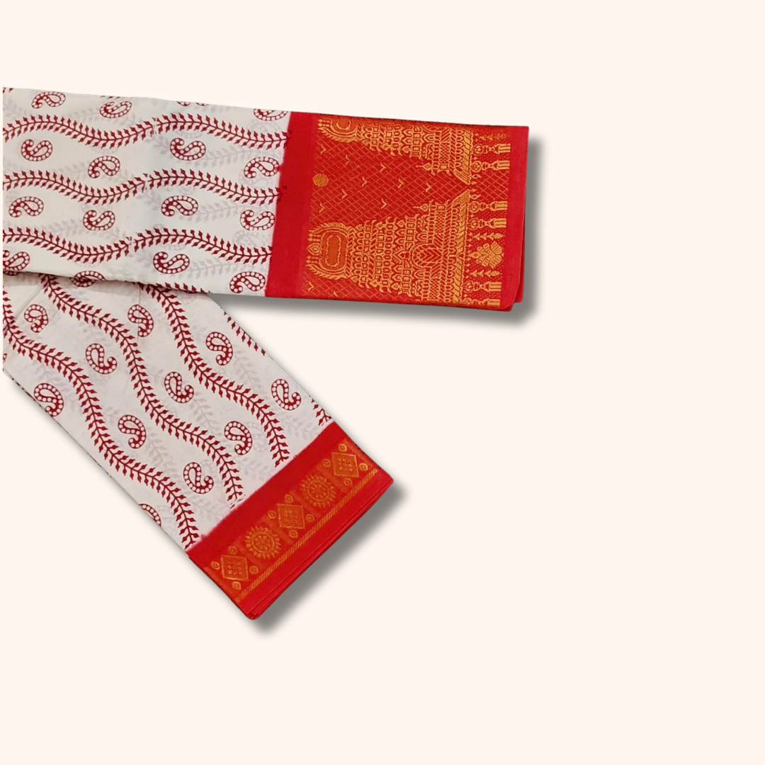 Off-White Cotton Saree with Red Paisley Print & Gold Zari Border – No Blouse