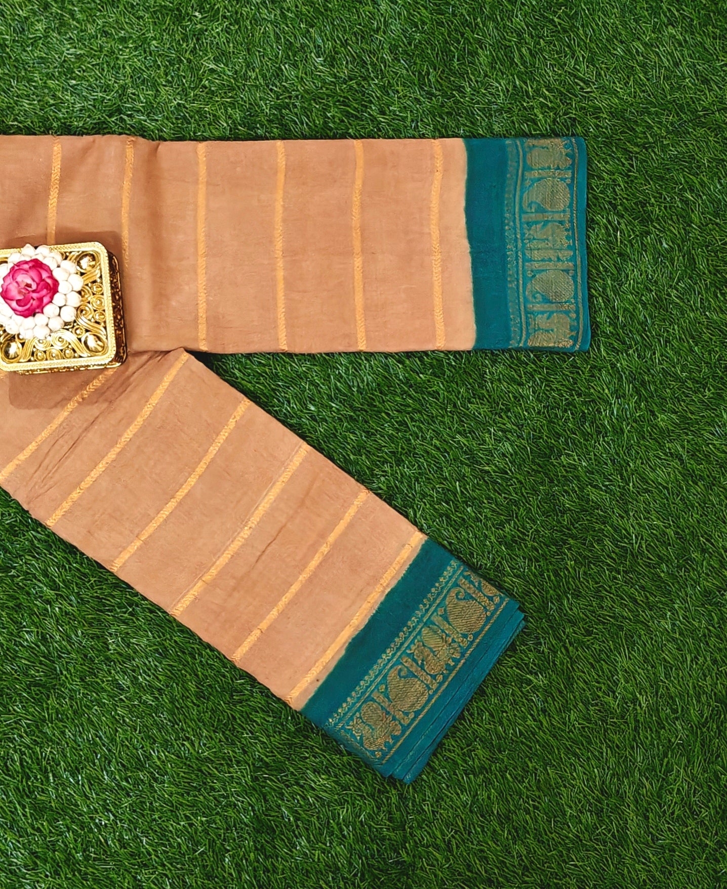 Elegant Lightweight Cotton Peach Cotton Saree with Traditional Temple Border