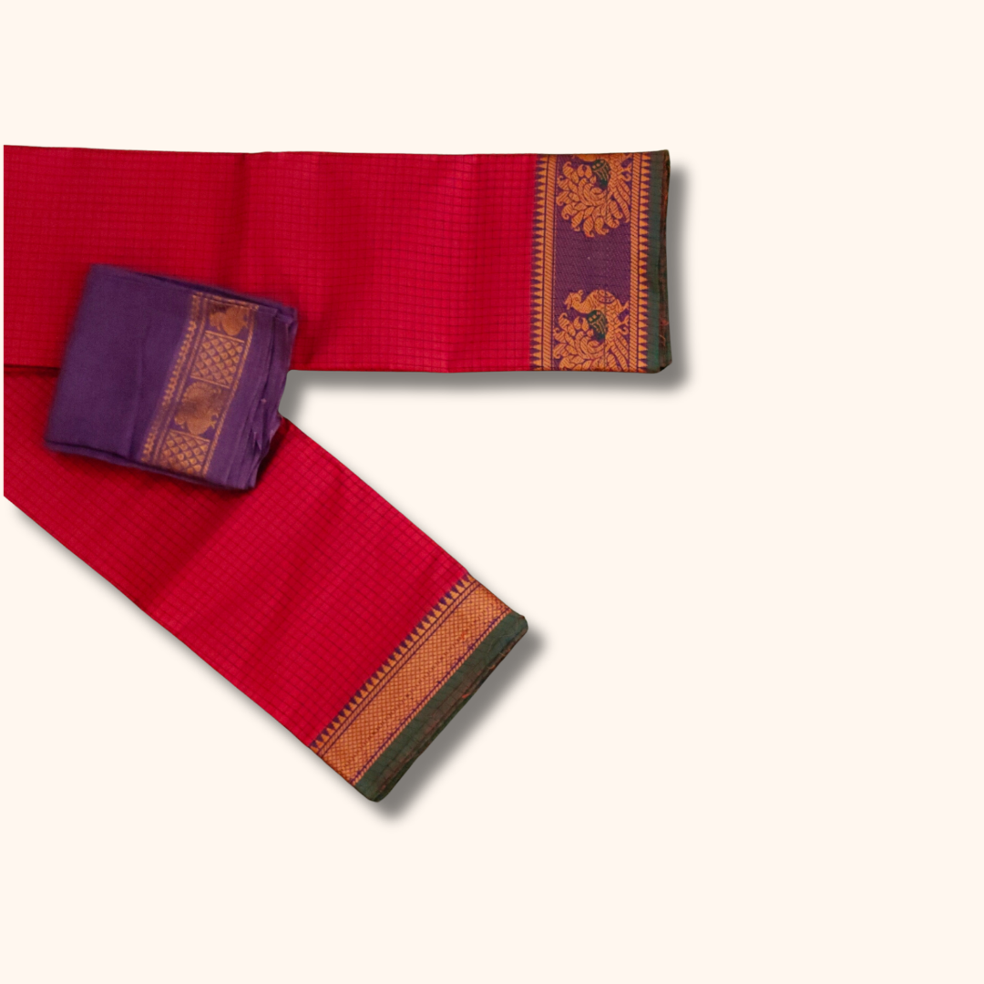 Red Checked Chettinad Cotton Saree Purple Blouse