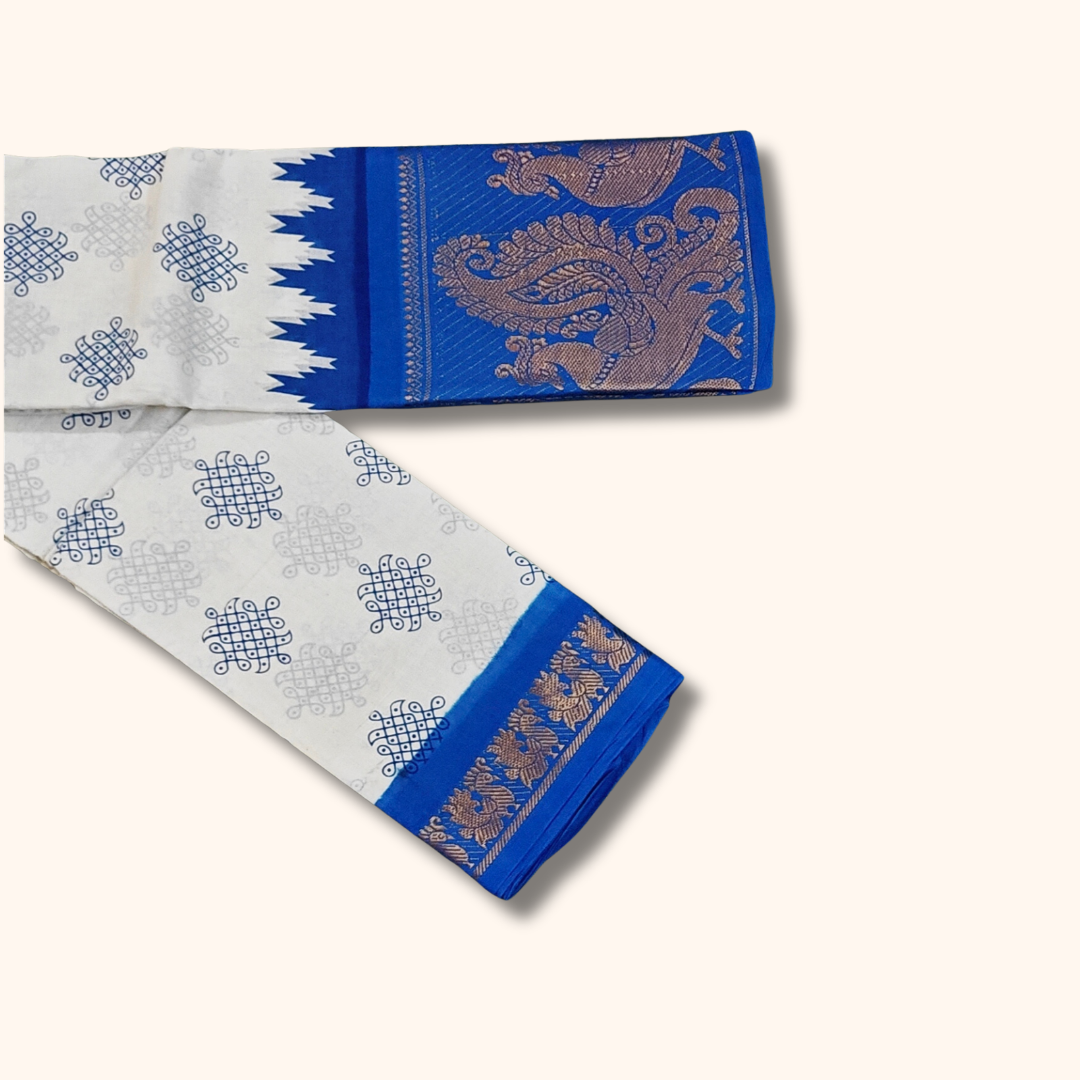 Cream Sungudi Cotton Saree with Royal Blue Contrast Peacock Zari Border