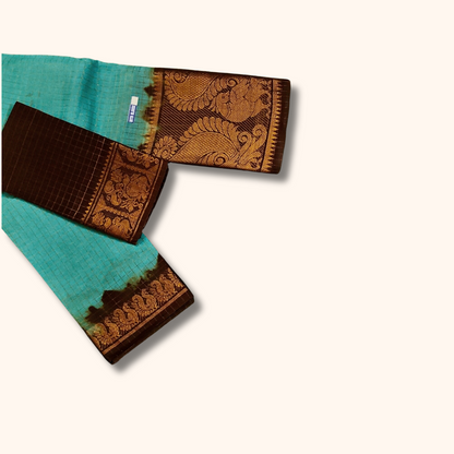 Turquoise Blue & Brown Sungudi Cotton Saree with Peacock Pallu – Separate Blouse Piece