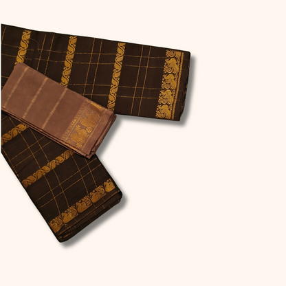 Dark Brown Pure Sungudi Cotton Saree with Gold Zari Checks & Paisley Border
