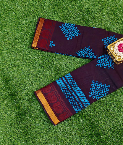 Beautiful Dark Maroon Sungudi Cotton Saree with Royal Blue Kolam Design & Zari Border