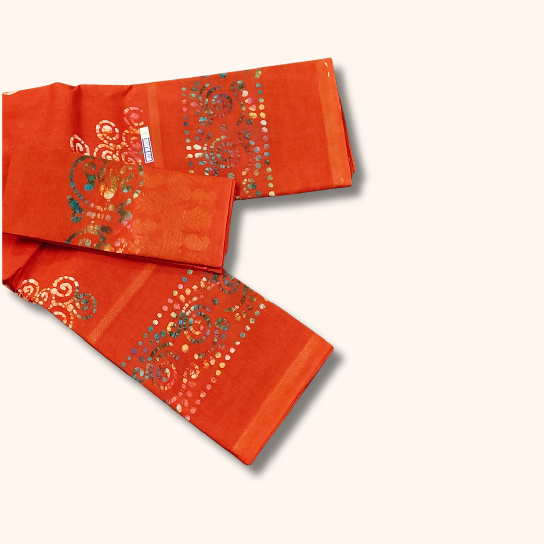 Vibrant Orange Batik Cotton Saree with Separate Blouse Piece