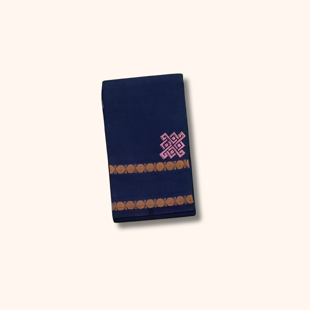 Dark Blue Cotton Saree with Gold Border – Running Blouse