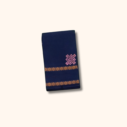 Dark Blue Cotton Saree with Gold Border – Running Blouse