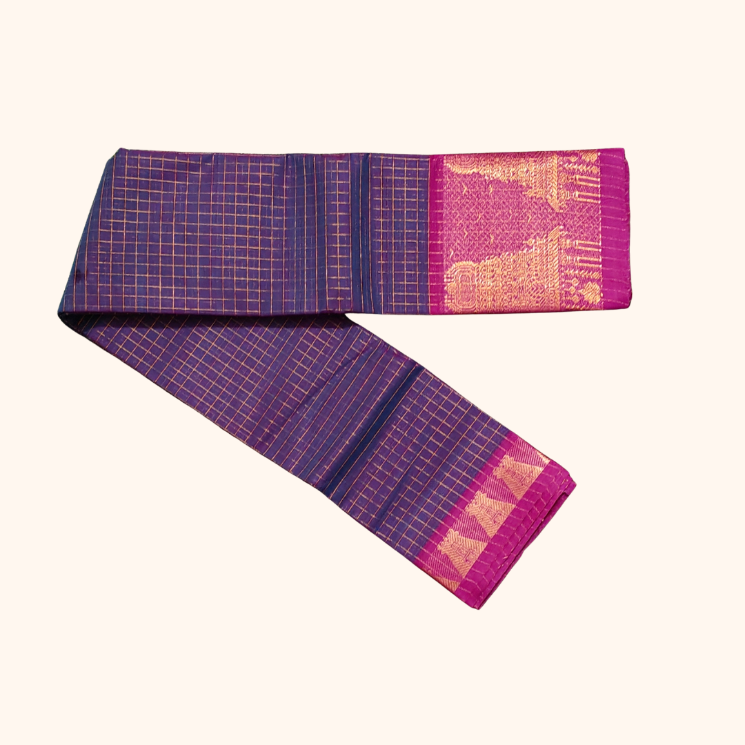 Royal Purple Chettinad Cotton Saree with Pink Temple Border