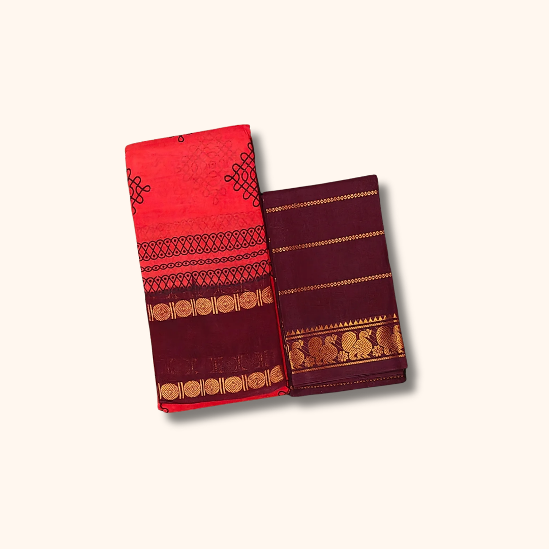 Ruby Red Sungudi Kolam Saree with Contrast Maroon Blouse