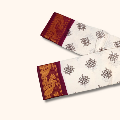 Off White Sungudi Cotton Saree with Maroon Peacock Border