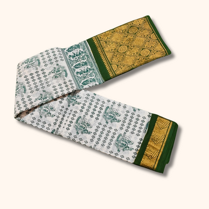 Classic White Cotton Saree with Ethnic Green Prints