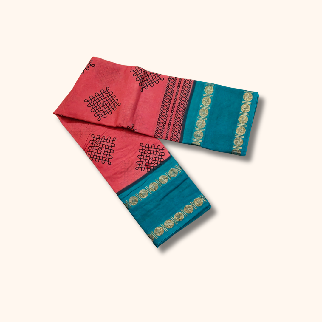 Rose Pink Sungudi Cotton Saree with Teal Blue Border & Gold Zari