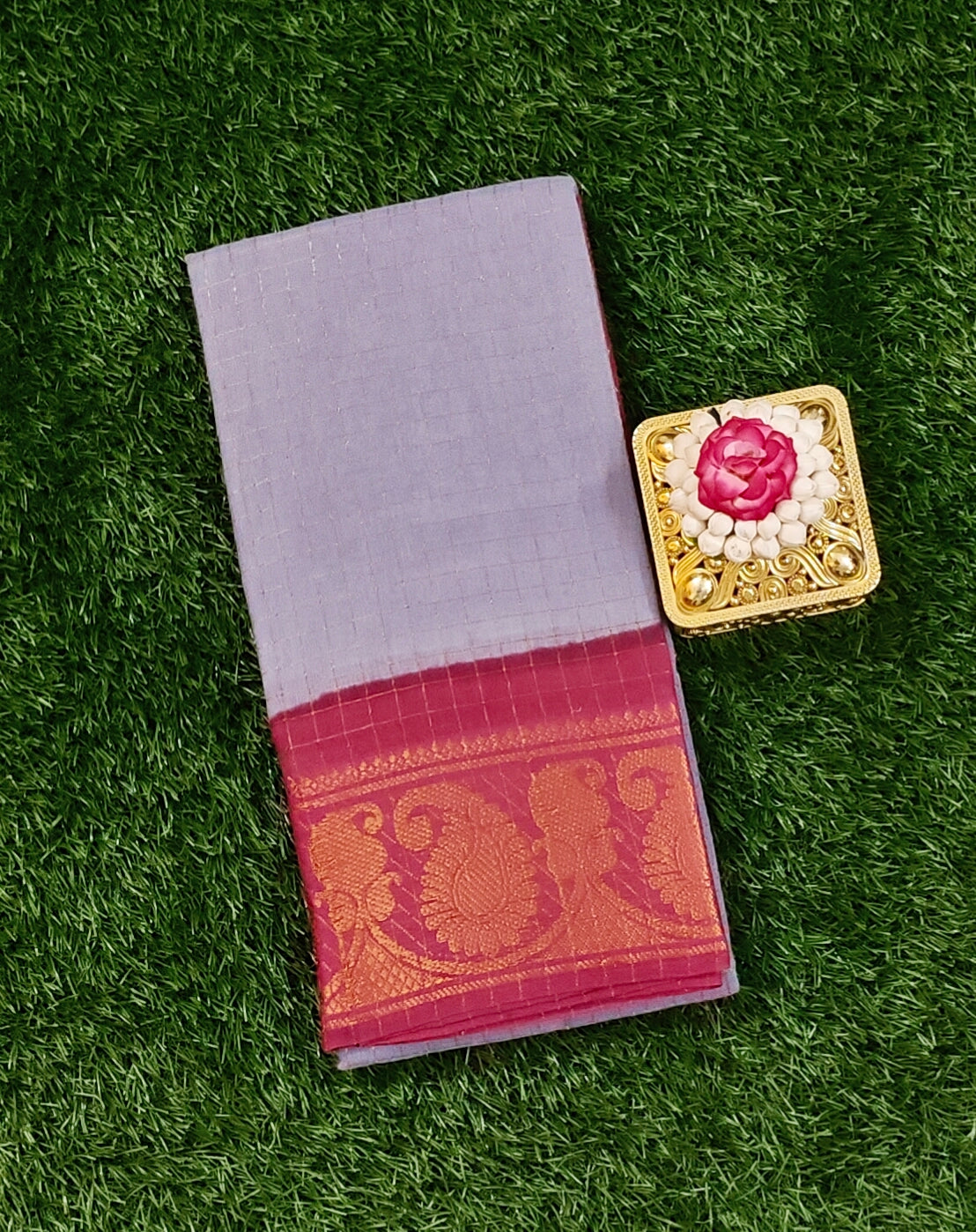 Grey with Maroon Zari Border Subgudi Checked Cotton Sarees