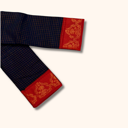 Dark Navy Blue Sungudi Cotton Saree with Red Zari Border