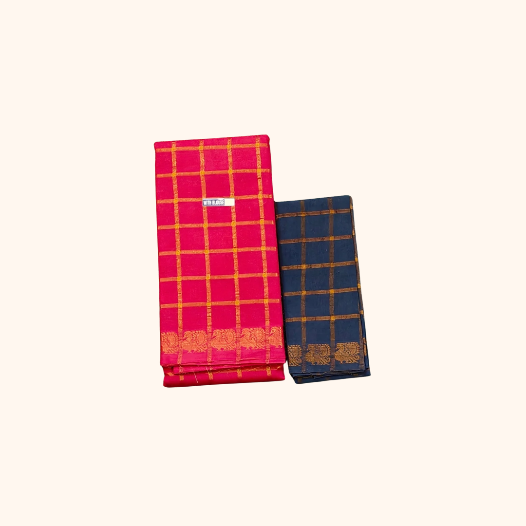 Pink Pavithra Kattam Sungudi Cotton Saree with Gold Zari Checks – Separate Blouse Piece