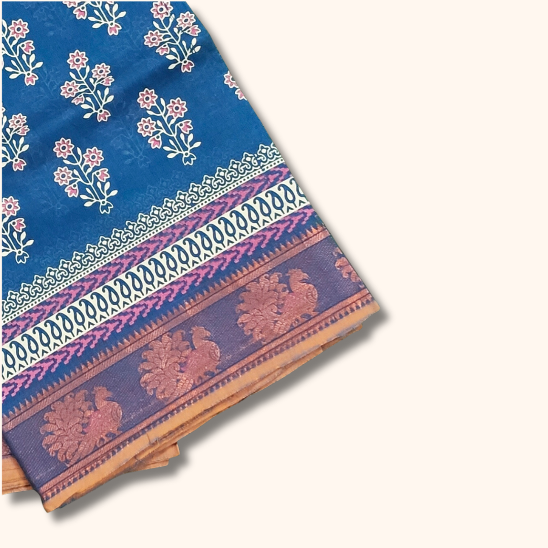 Indigo Blue Floral Cotton Saree with Traditional Border