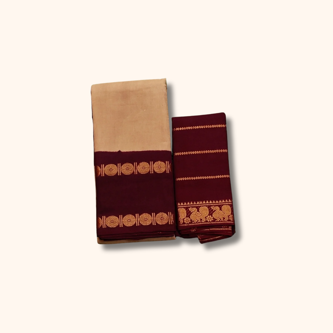 Beige & Maroon Sungudi Cotton Saree with Traditional Zari Border – Separate Blouse