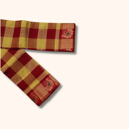 Traditional Checked Chettinad Cotton Saree in Red & Mustard with Peacock Border