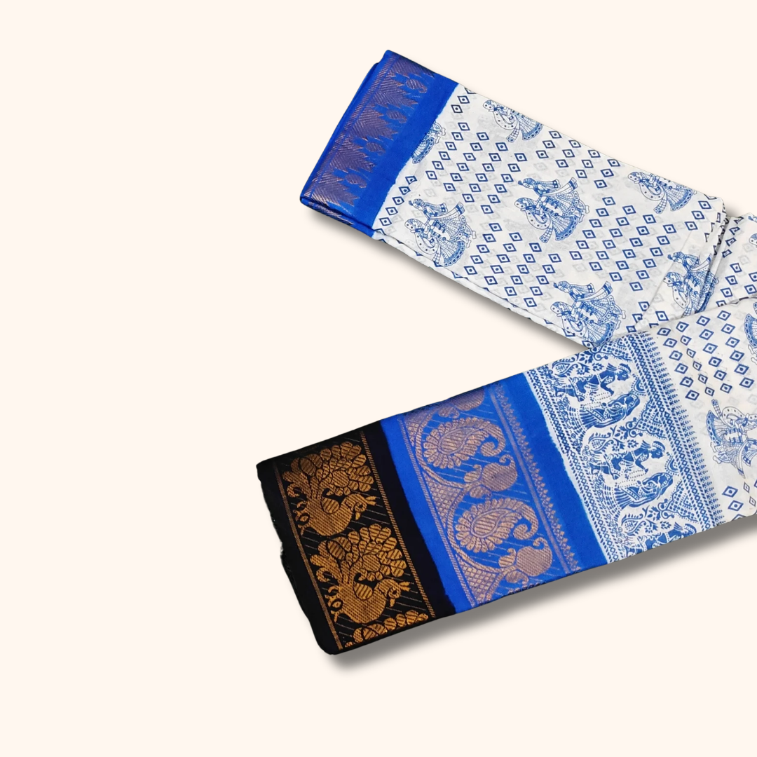 White & Royal Blue Printed Sungudi Cotton Saree with Traditional Zari Border