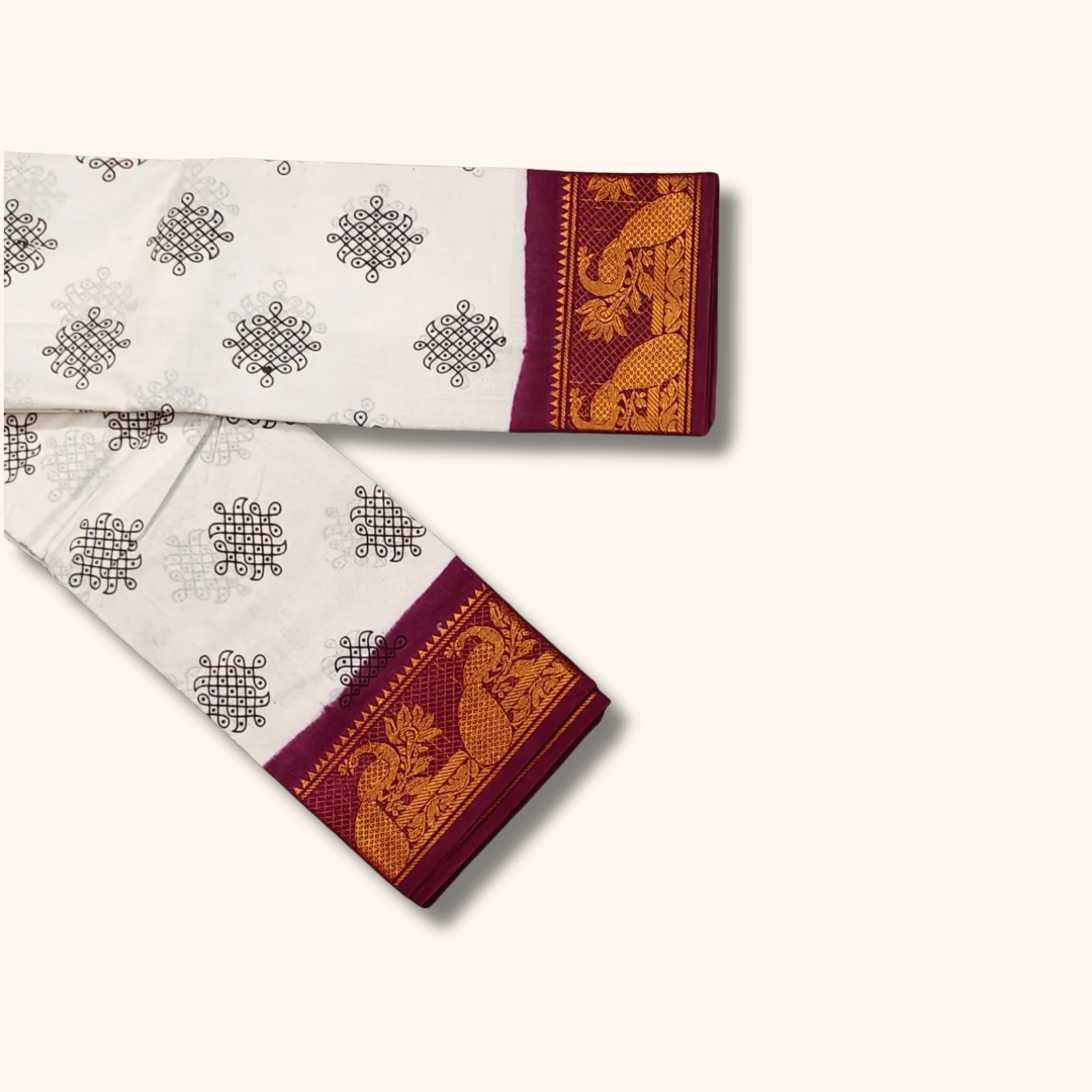 Off White Sungudi Cotton Saree with Maroon Peacock Border