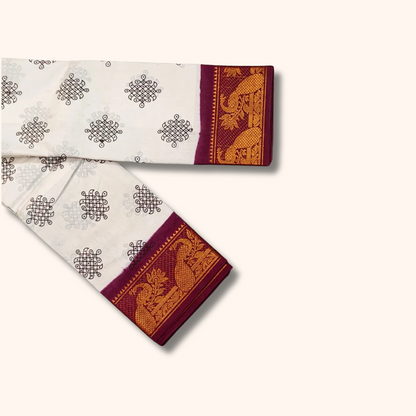 Off White Sungudi Cotton Saree with Maroon Peacock Border