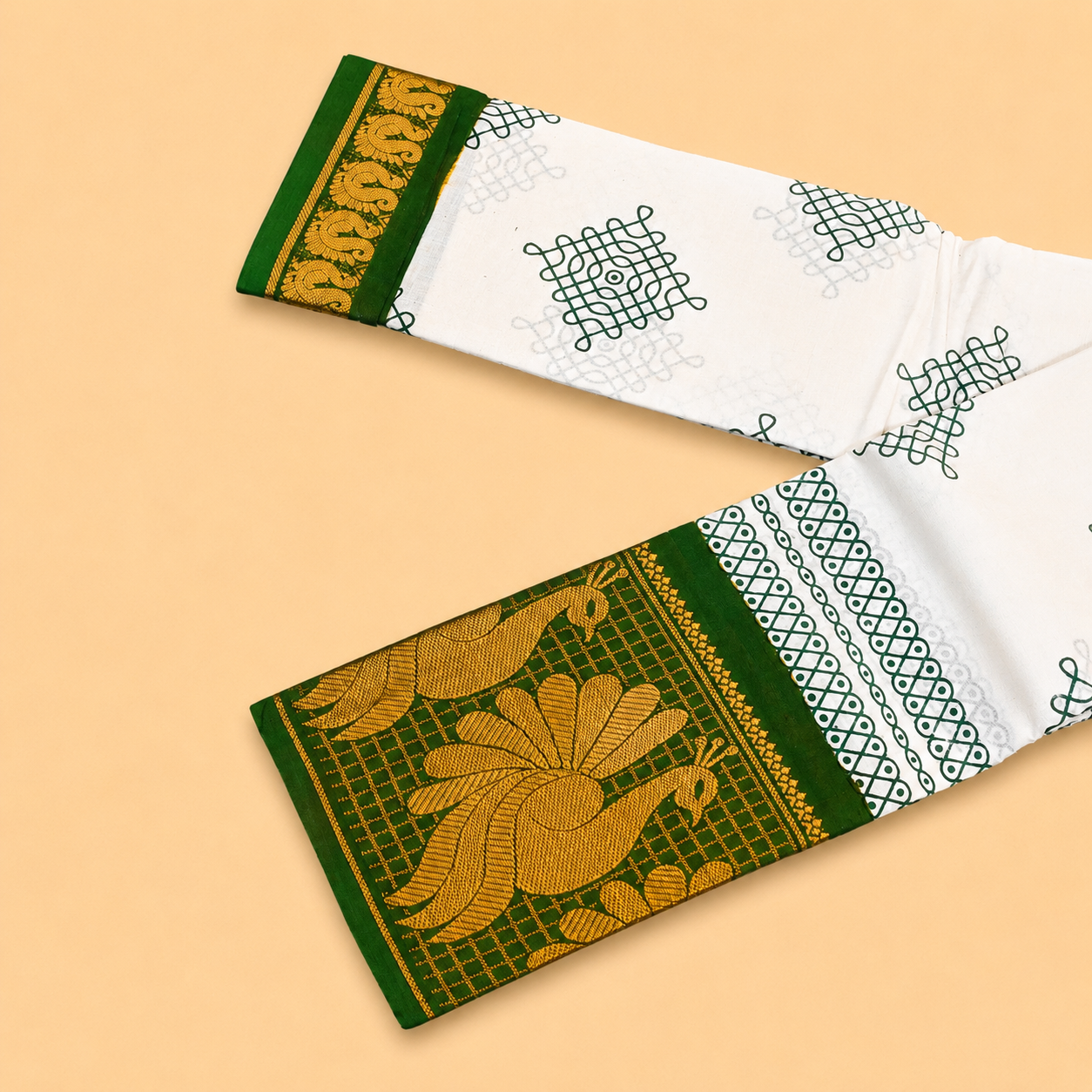 Elegant White Printed Cotton Saree with Green Peacock Border