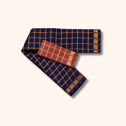 Navy Blue with Gold Checks & Peacock Border Pavithra Kattam Sungudi Cotton Saree
