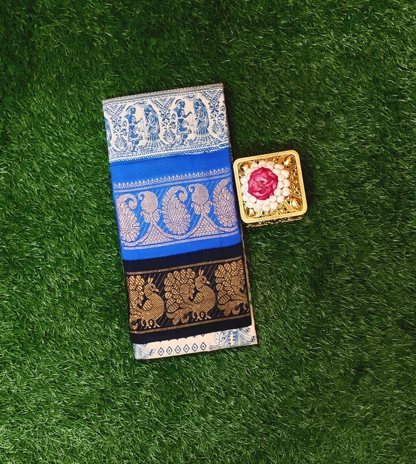 Attractive Cream and Royal Blue Cotton Saree with Traditional Elephant Print and Peacock Border