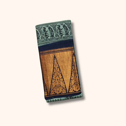 Sea Green Sungudi Cotton Saree with Traditional Motifs & Grand Temple Zari Border
