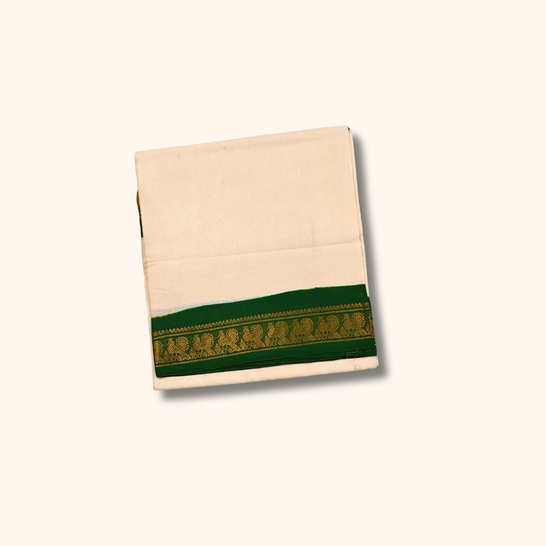 Cream Cotton Saree with Green Zari Border & Traditional Paisley Motifs – Without Blouse